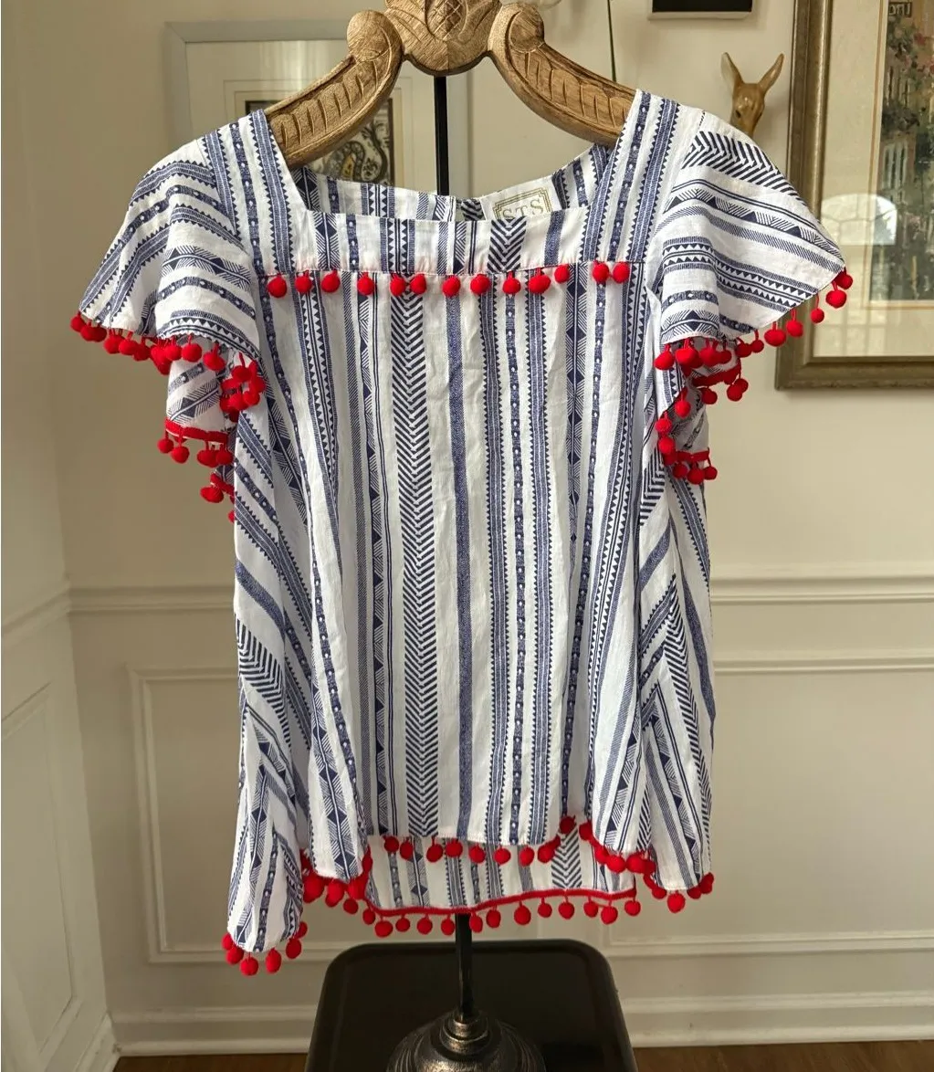 Sts Sail To Sable X Tuckernuck Blouse Cotton Pom Pom Flutter Boho Preppy Coastal - Image 1
