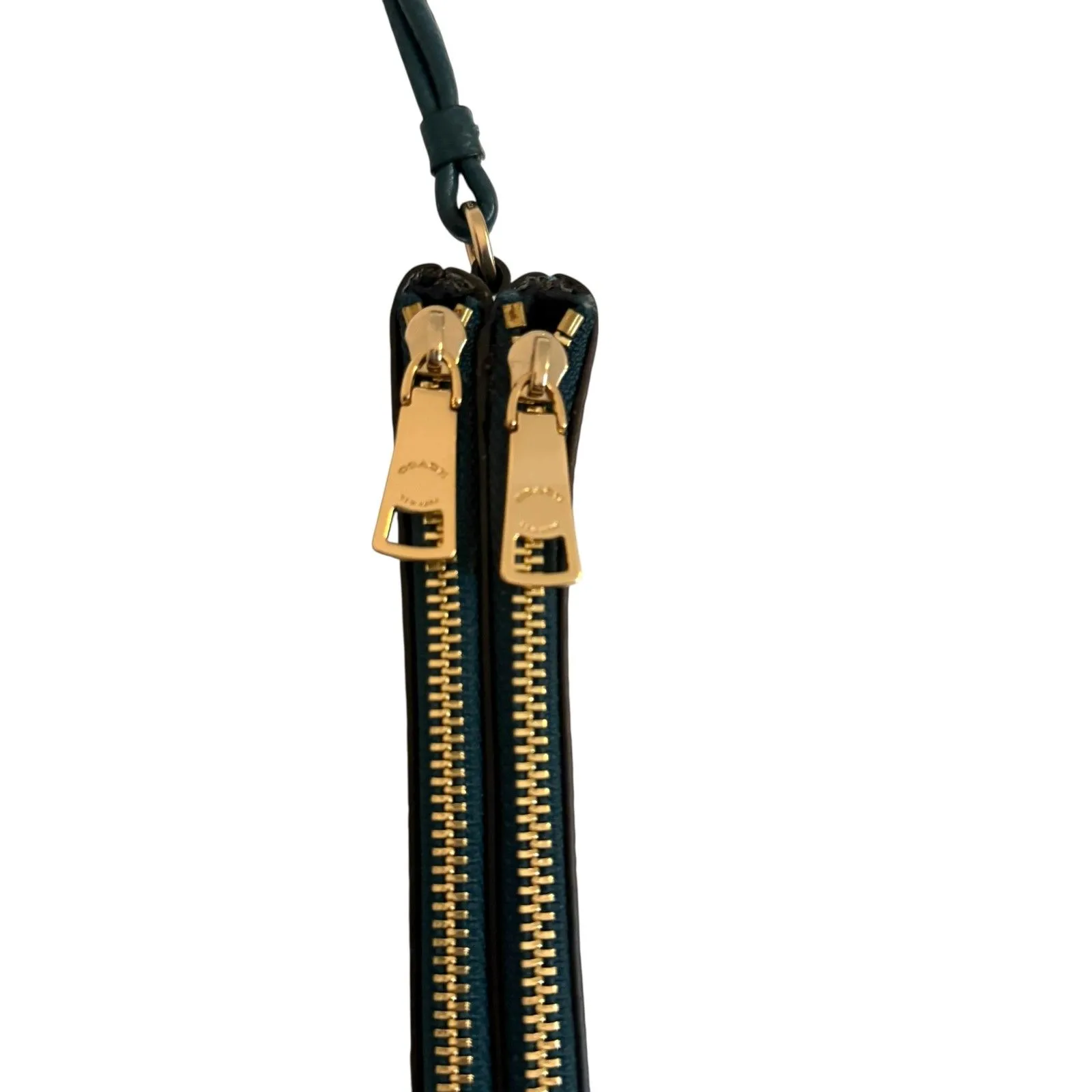 Coach Dempsey Teal Pebble Leather Double Zip Wristlet with Gold Hardware - Image 7