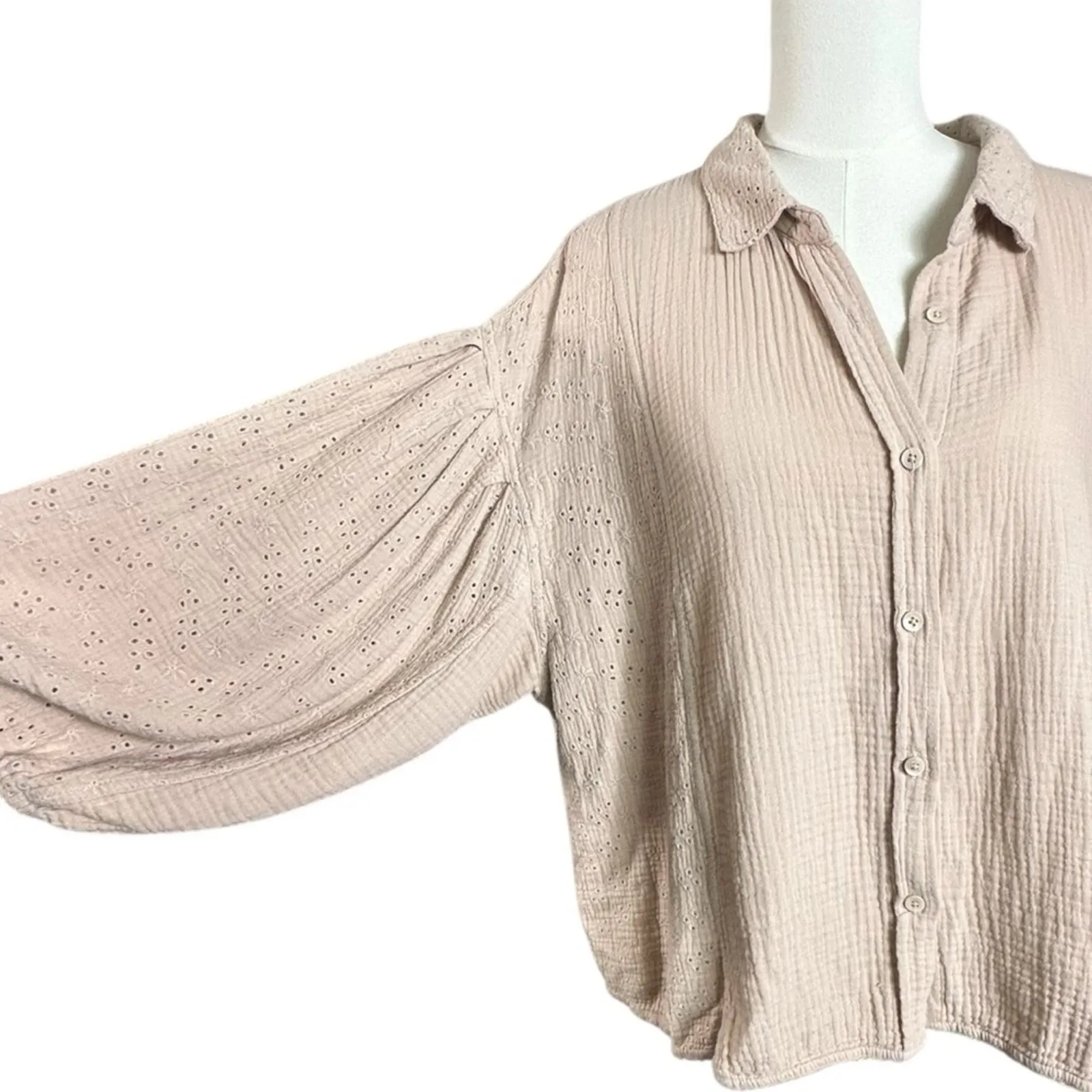 Free People Dainty Ethereal Cottage Eyelet Lace Full Bloom Shirt Rose Dust Small - Image 3