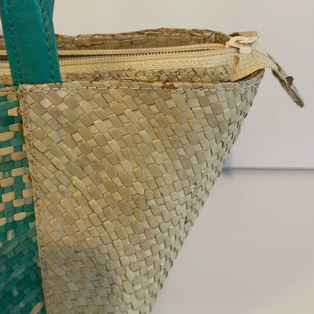 Turquoise Rattan Hand Bag. Boho Embellished Handmade Woven. Vintage. Vacation Green - Image 3