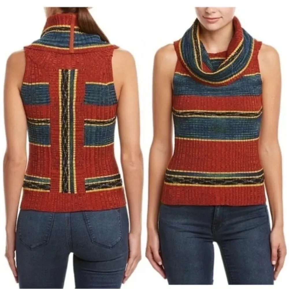 Free People Carly  Cowl Neck Off the Shoulder Sleeveless Stripe Sweater Top - Image 2