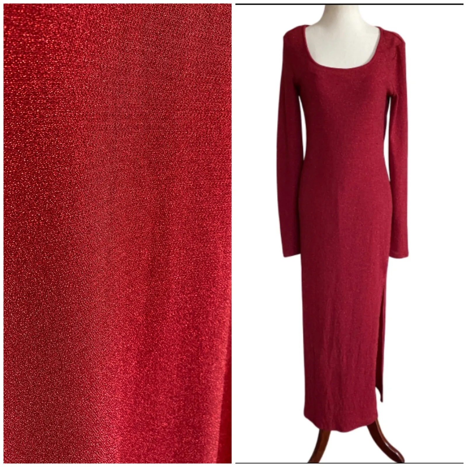 Burgundy Red Sparkle Long Sleeve Ball Gown Dress Evening Cocktail Party - L - Image 2