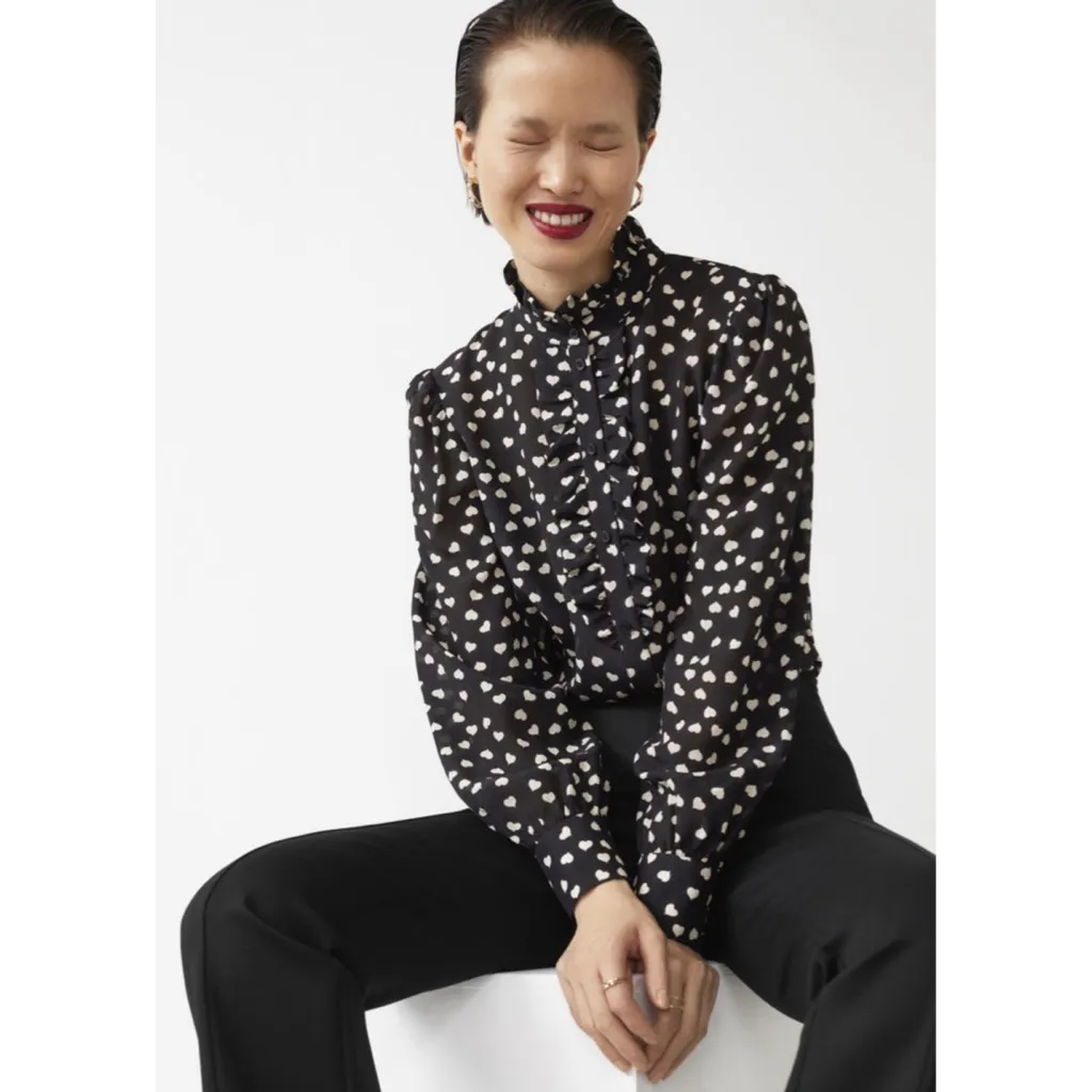& Other Stories Paris Artillier Ruffel Heart Polka Dot Blouse 100% Silk Romantic - Image 2