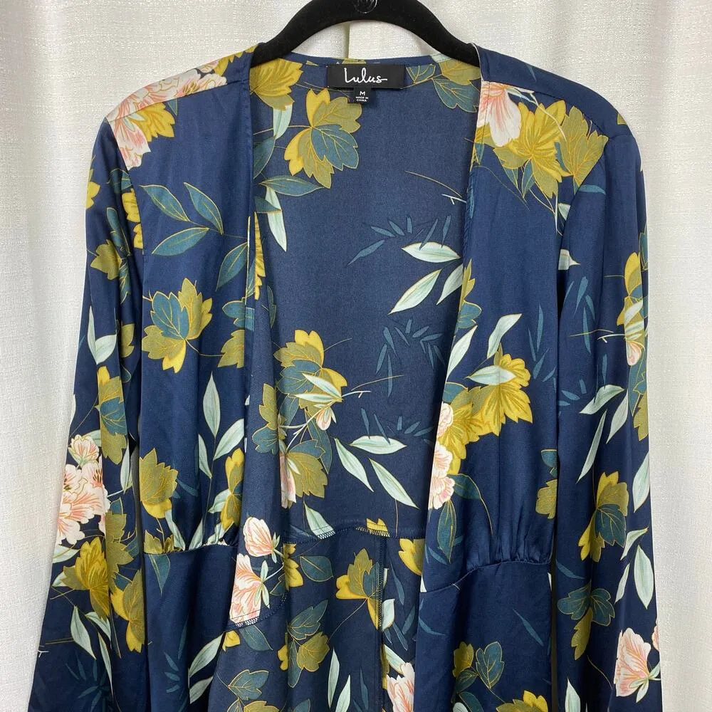 Lulus Love Is Life Navy Blue Floral Satin Wrap Mini Dress Sz.M NWOT - Image 10