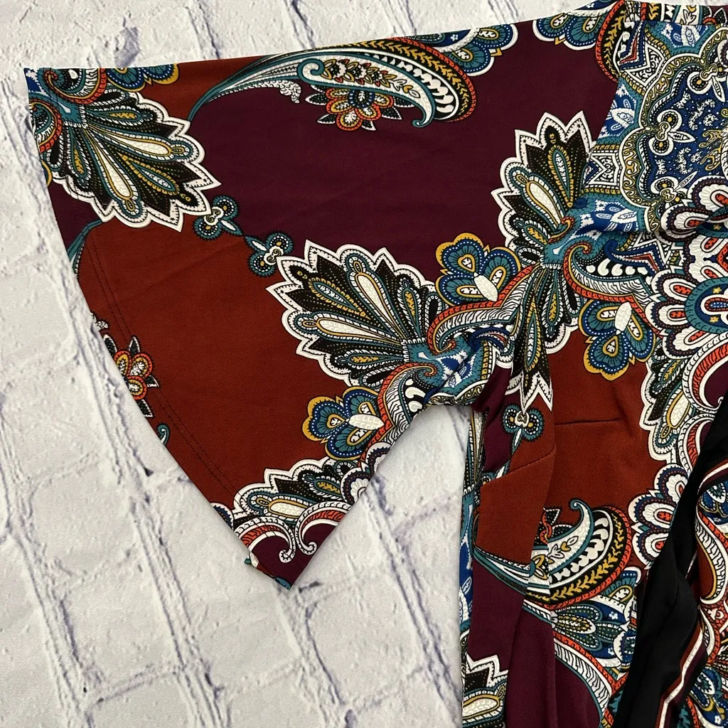 Sandra Darren Dress Wine Mutli L Large Short Sleeve Stretch Sheath Washable Fall - Image 9