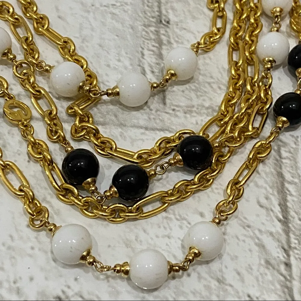 Vintage St John Black/White Beaded Multi Strand Layered Gold tone Chain Necklace - Image 12