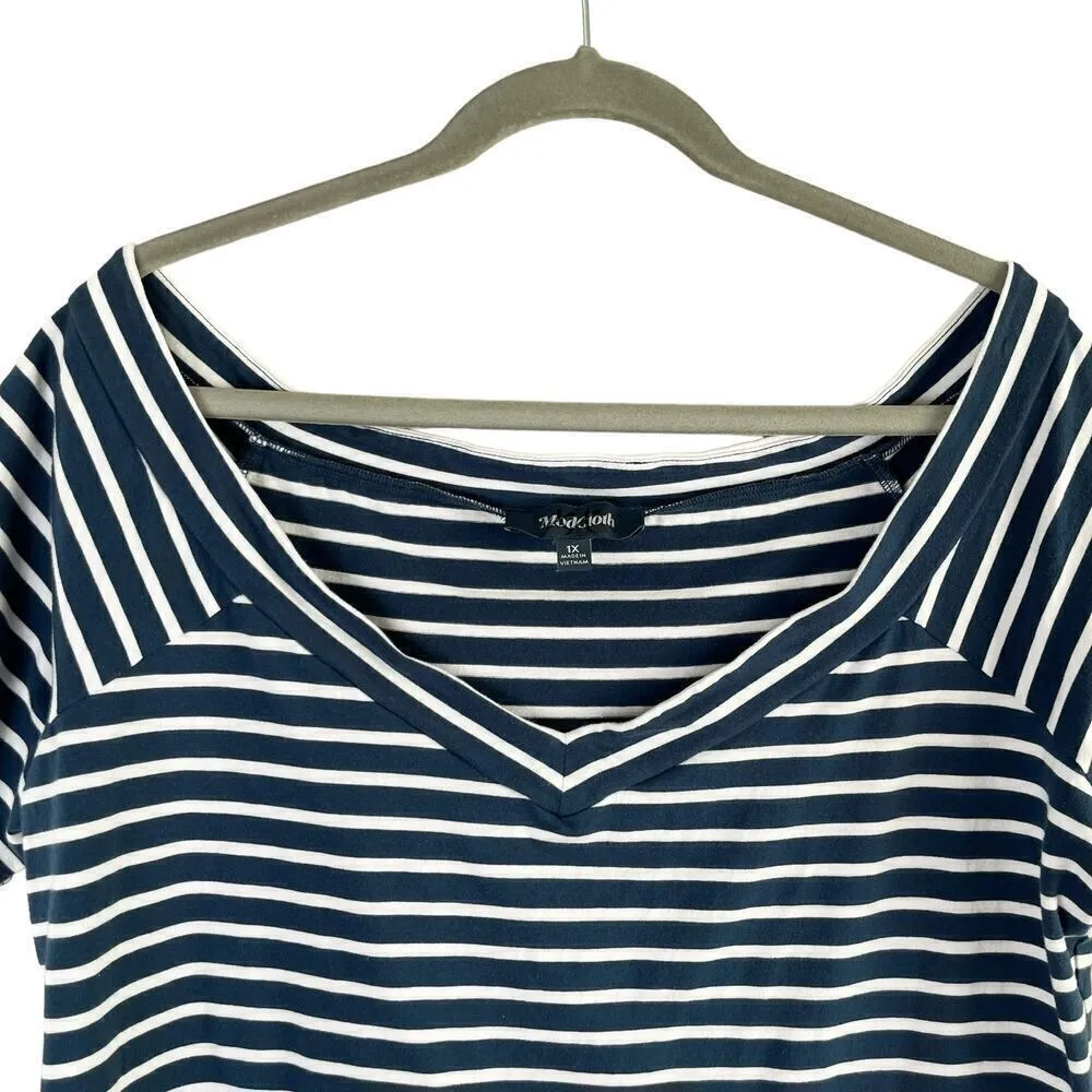 ModCloth V-Neck Nautical Stripe Short Sleeve Cotton T-Shirt Navy White, Size 1X‎ - Image 2