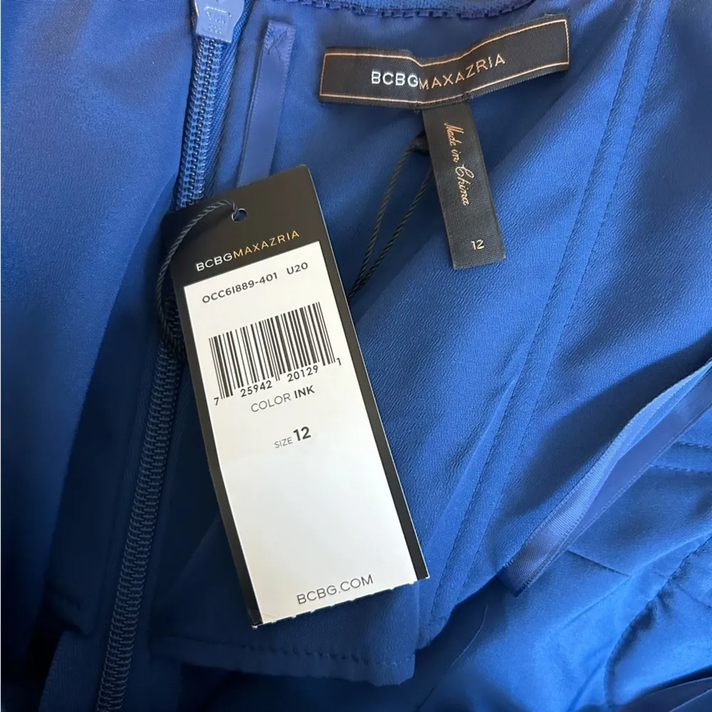 BCBGMAXAZRIA NNWT  Ink Blue Strapless Silk Mini Dress with Ruffles/Bow Size 12 - Image 7