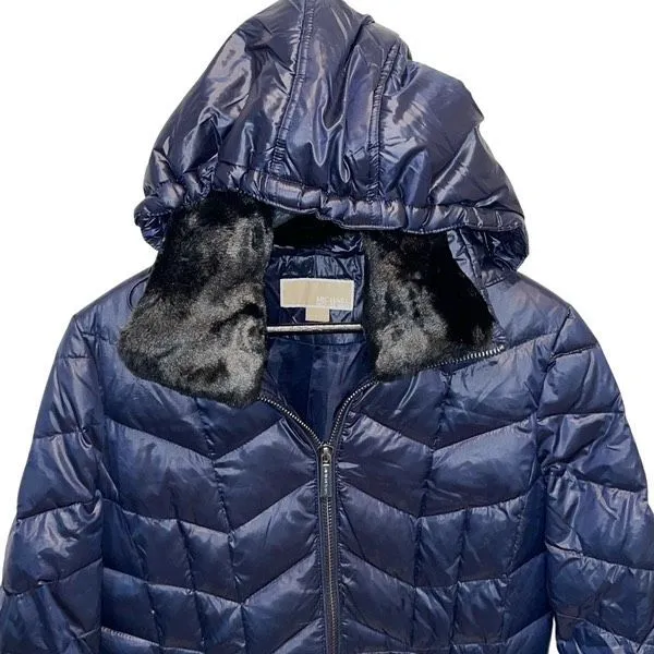 Michael Kors Womens Full Zip Faux Fur Collar Hooded‎ Down Puffer Coat Navy Small - Image 2