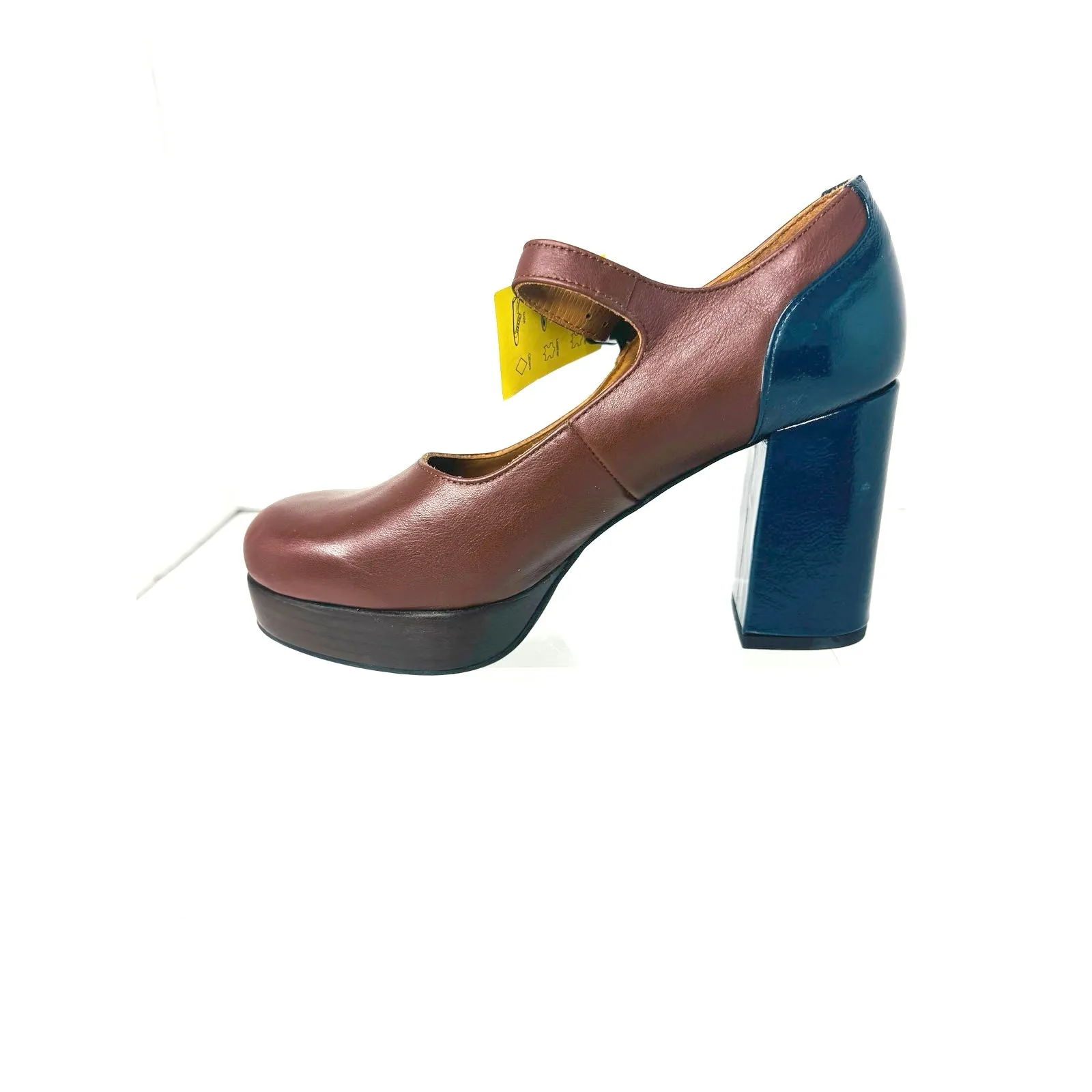 Fly London ERIL Platform Pumps Cognac & Navy Leather Retro 70s Chunky Heel 38 - Image 8