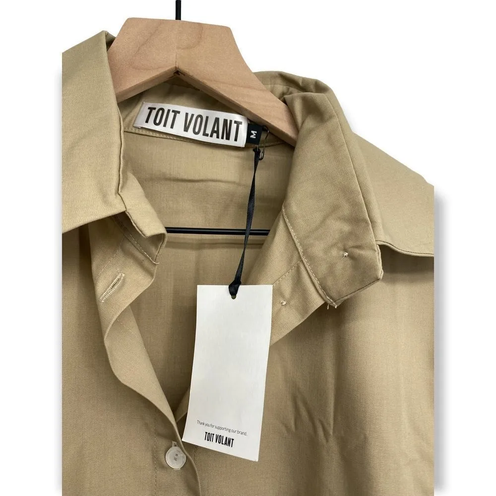 Toit Volant Shirt Midi Dress Sz M Button Down Long Sleeve Solid Tan Made In USA Size M - Image 2