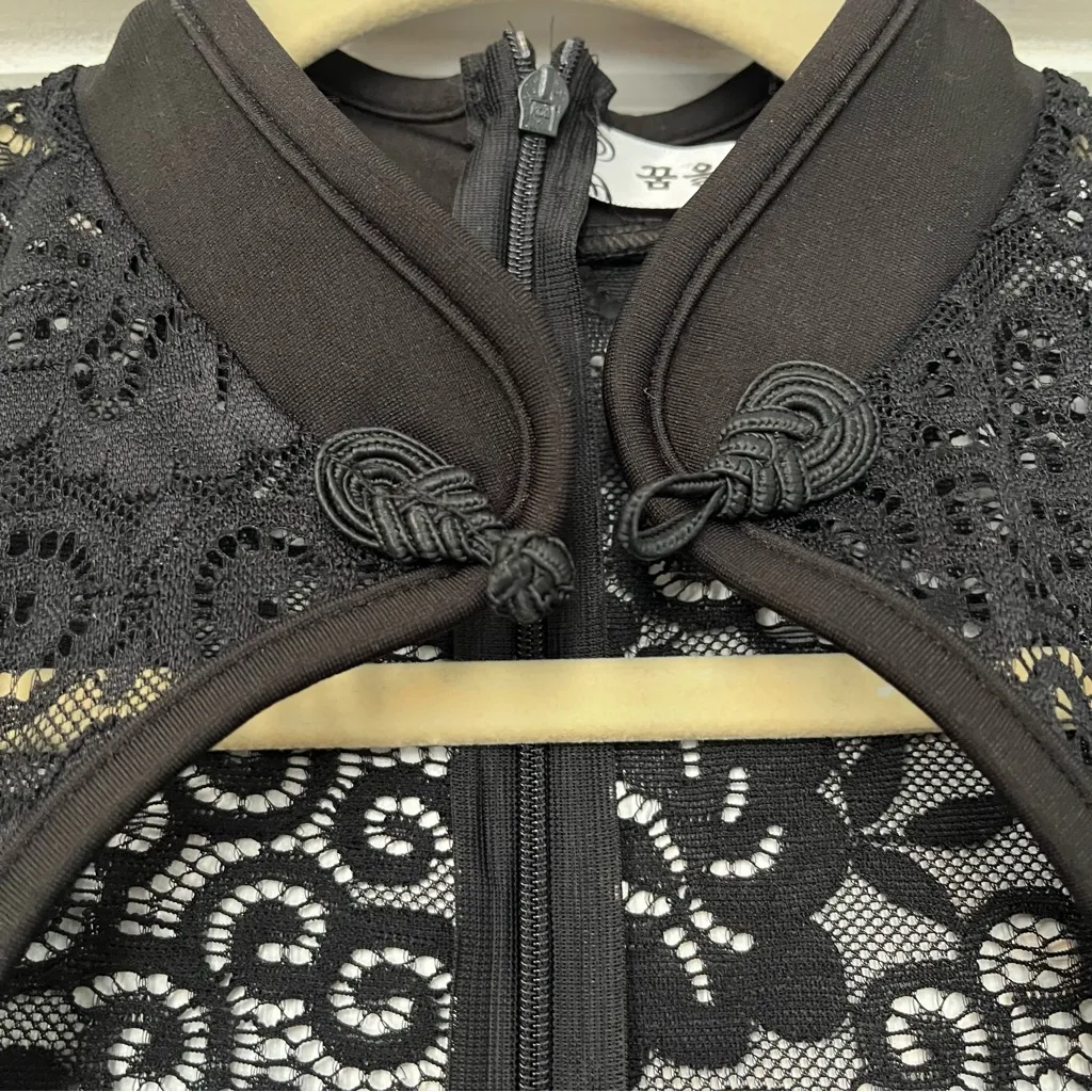 Cheongsam Qipao black cocktail dress lace red blossom embroidery fitted small - Image 12