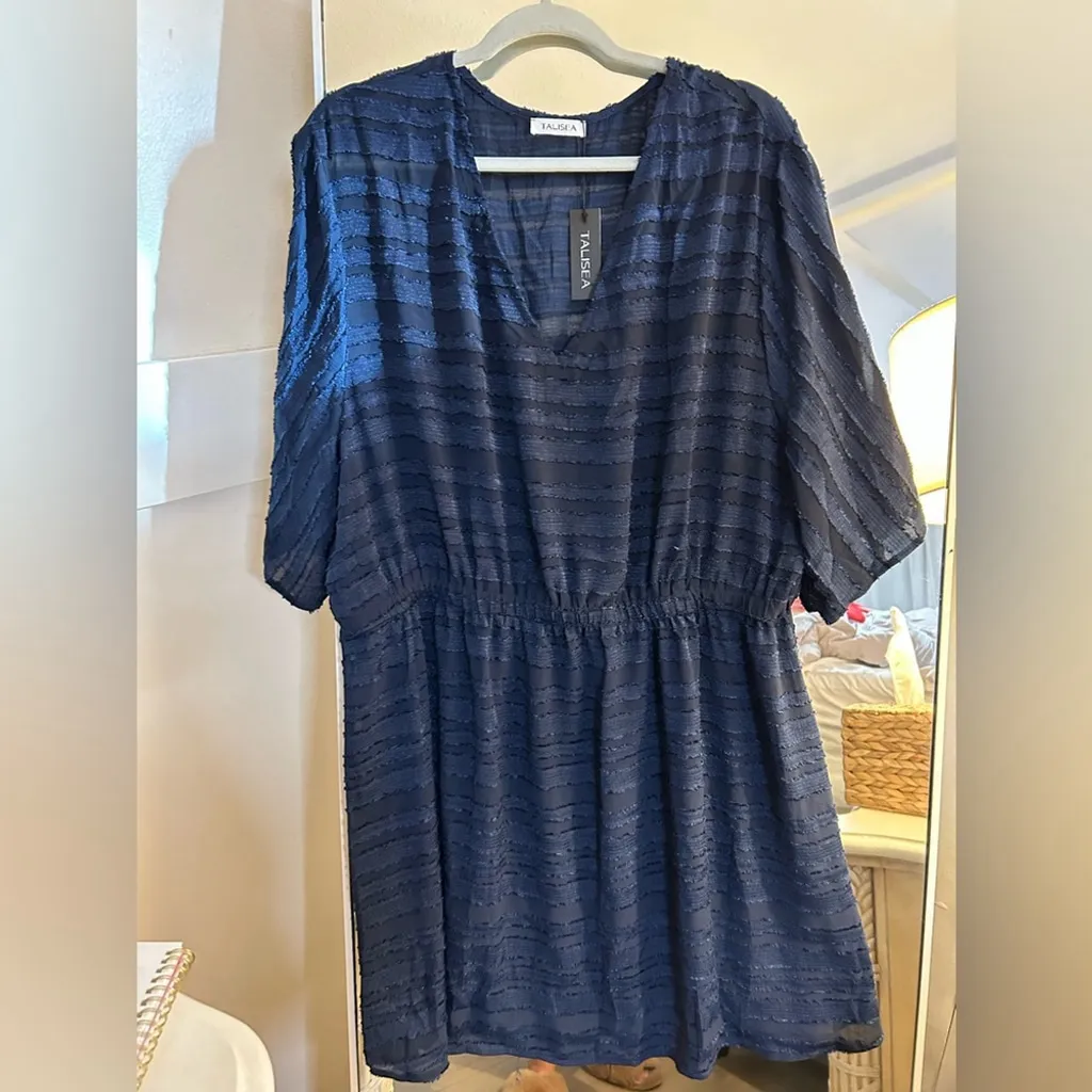 NEW Plus Size Swimsuit Cover Up V Neck Textured Coverups Swimwear Dress 22W Blue - Image 3