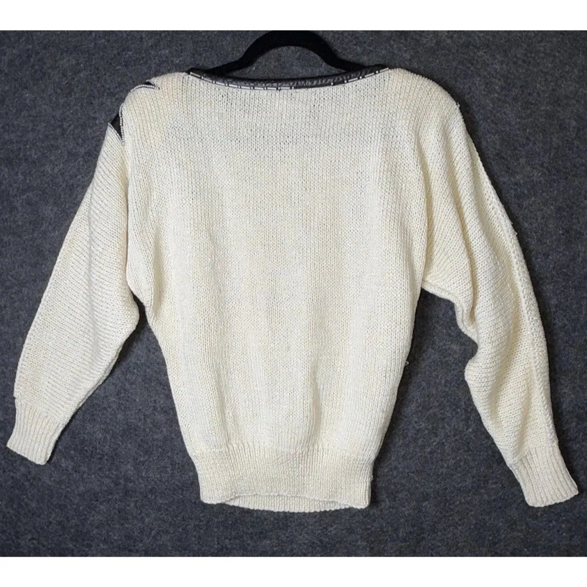 Vintage Nannell Hand Knit Star Sweater Cream M Leather Patch Beaded Trim 80s Size M - Image 5