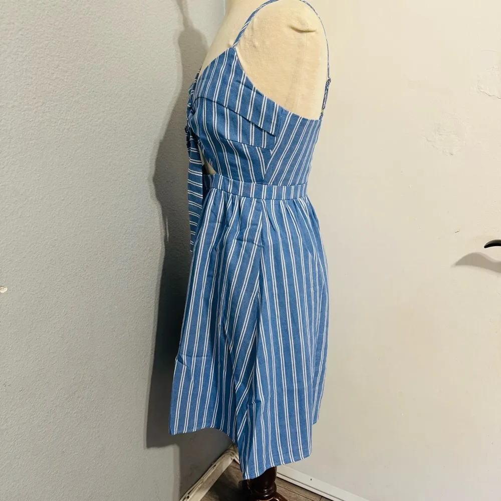 Main Strip Blue Striped Mini Yacht Cut Out Fit and Flare Dress with Pockets Sz S White - Image 7