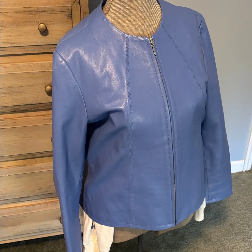 Catherine Stewart Sky Blue Full Zip Classic Style Leather Jacket Size L - Image 2