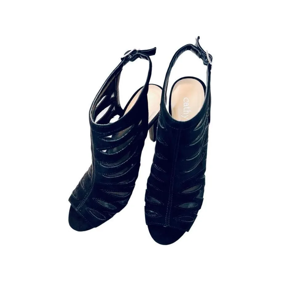 Cathy Jean Strappy Black Heel Stiletto Shoe Velvety See-through‎ Open Toe sz 6 - Image 6
