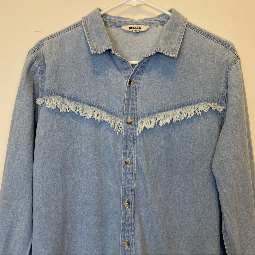 ROLLA’S Frayed Fringe Detail Denim Button Down Shirt Light Vintage Blue Medium - Image 2