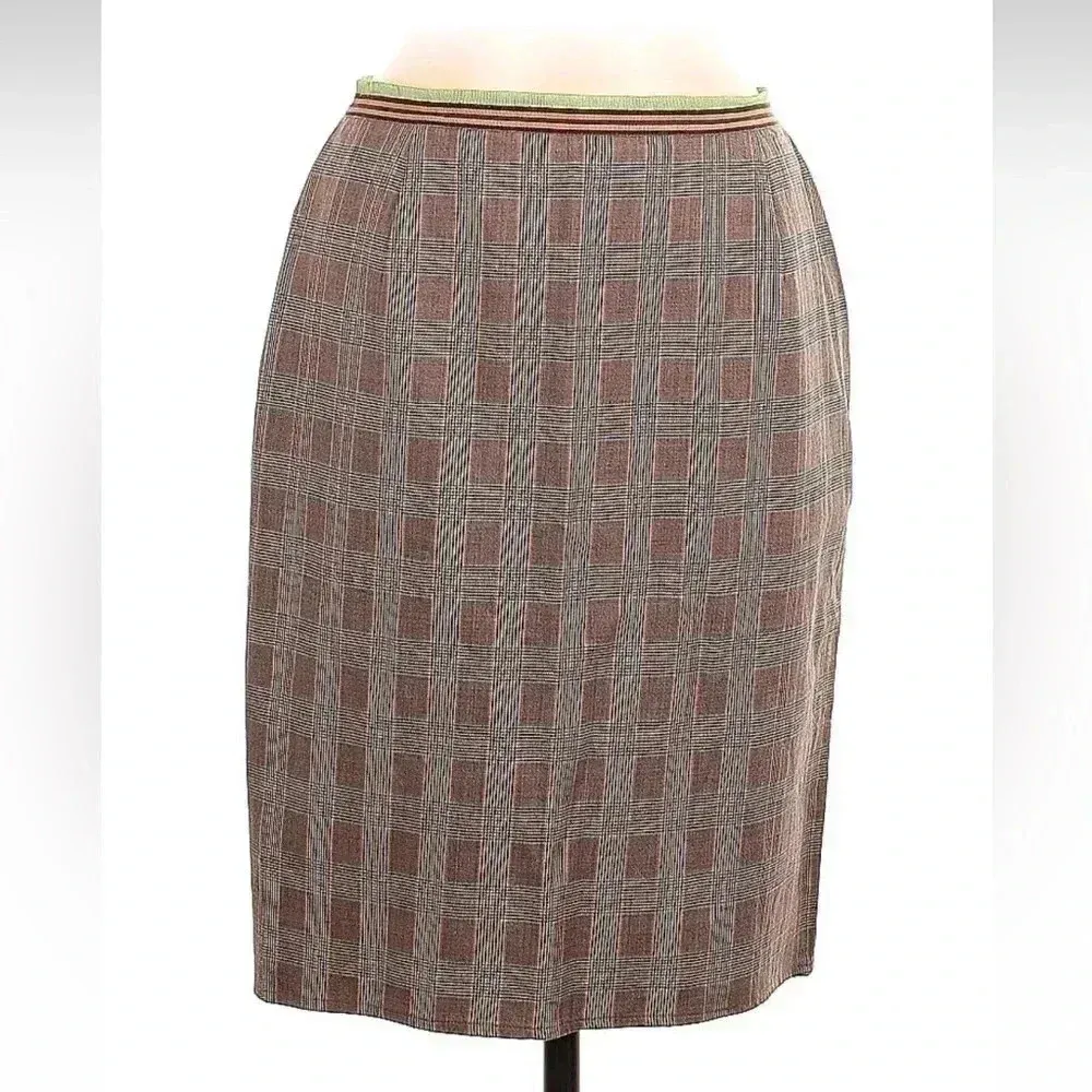 Vintage Carlisle Felicity Wool Brown Orange Plaid Ruffle Pencil Skirt Size 6 - Image 10