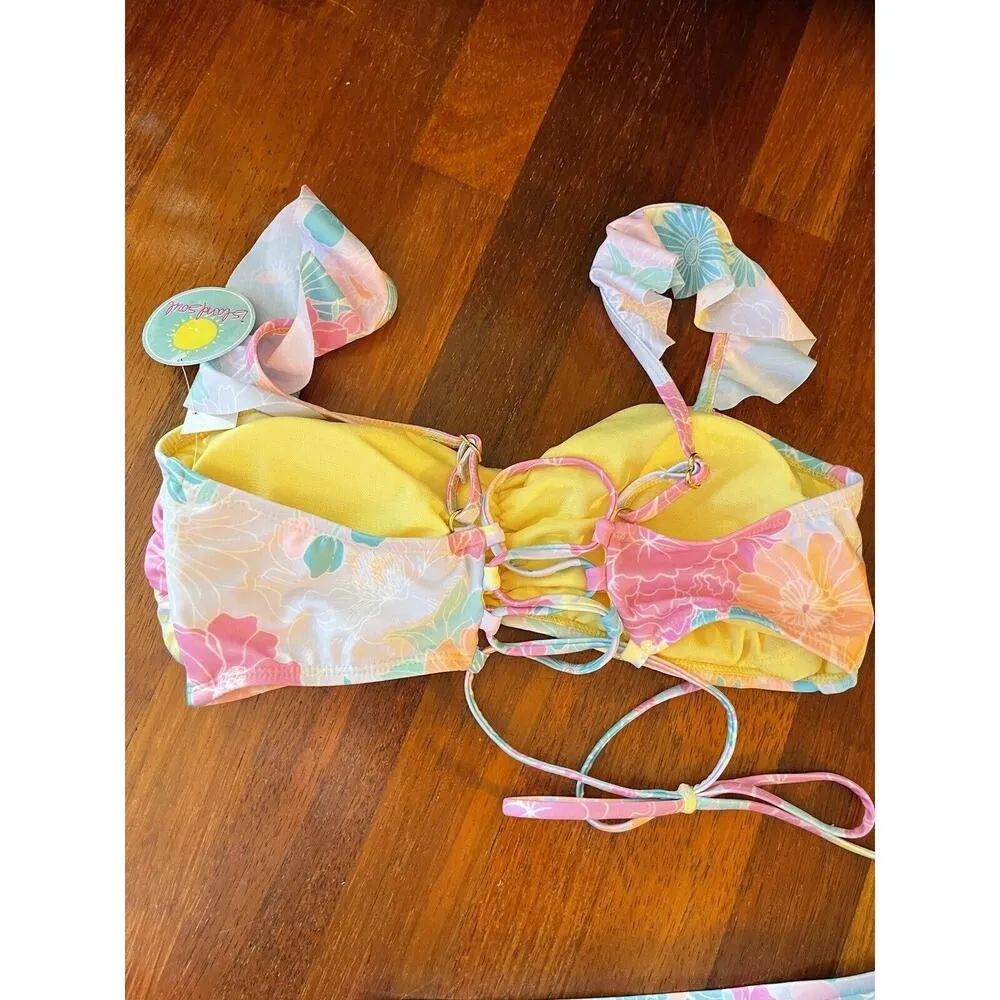 Ruffle Bikini Pastel Yellow Pink Purple Floral Juniors Size XL Strappy Back NEW - Image 5