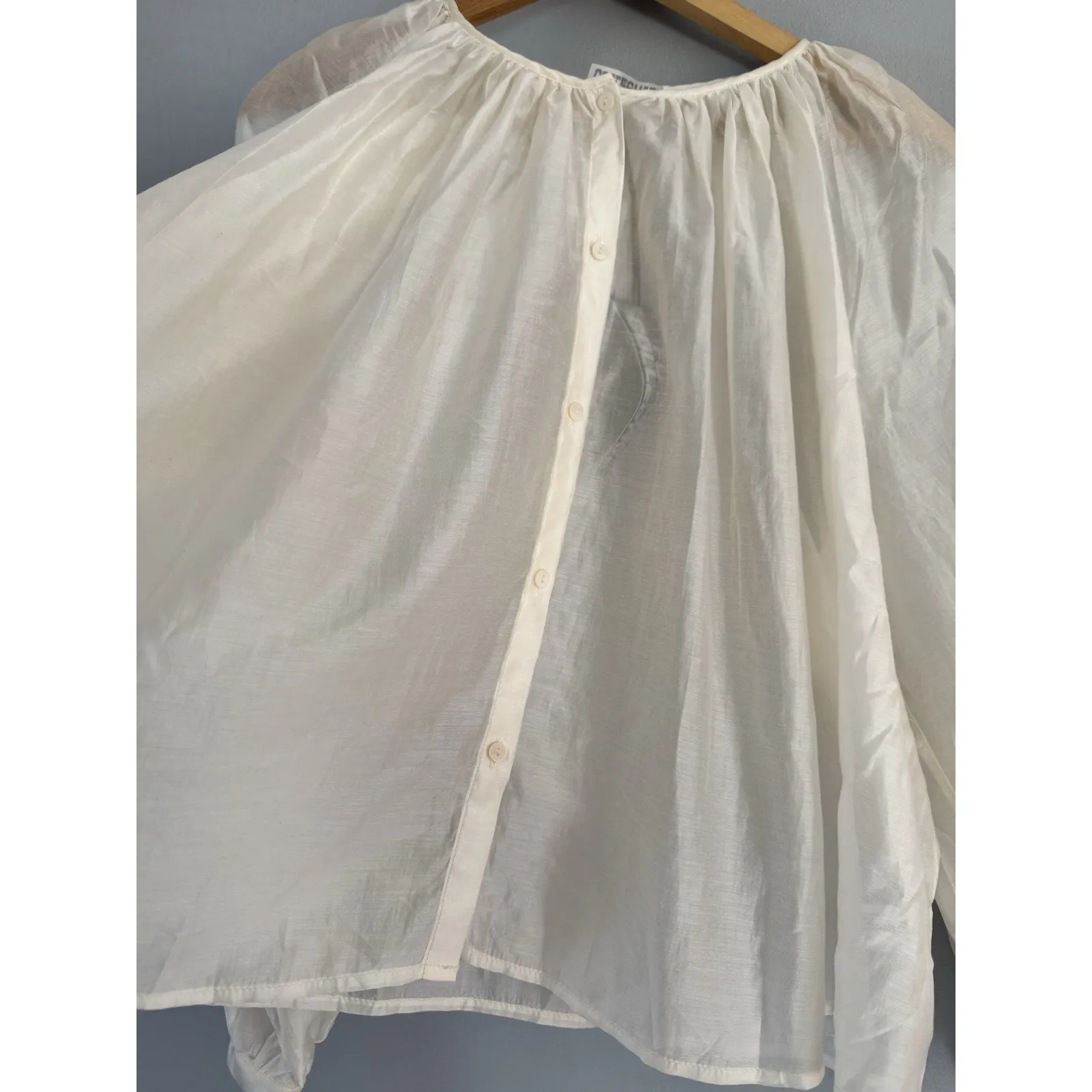 NWT Future Collective Sheer Cream Button Front Puff Sleeve Blouse Size Large - Image 6