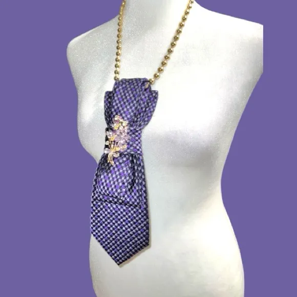 “Dainty Dapper”Purple and lavender Patterned Tie Necklace with brooch Purple - Image 4