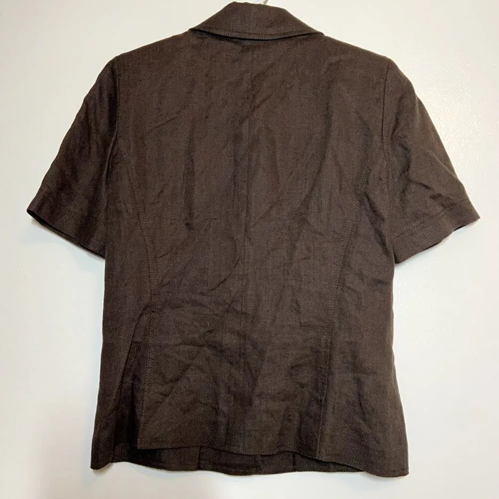 Vintage Ellen Tracy 100% Linen Button Up 80s Short Sleeve Blouse Collar Brown 8 - Image 6