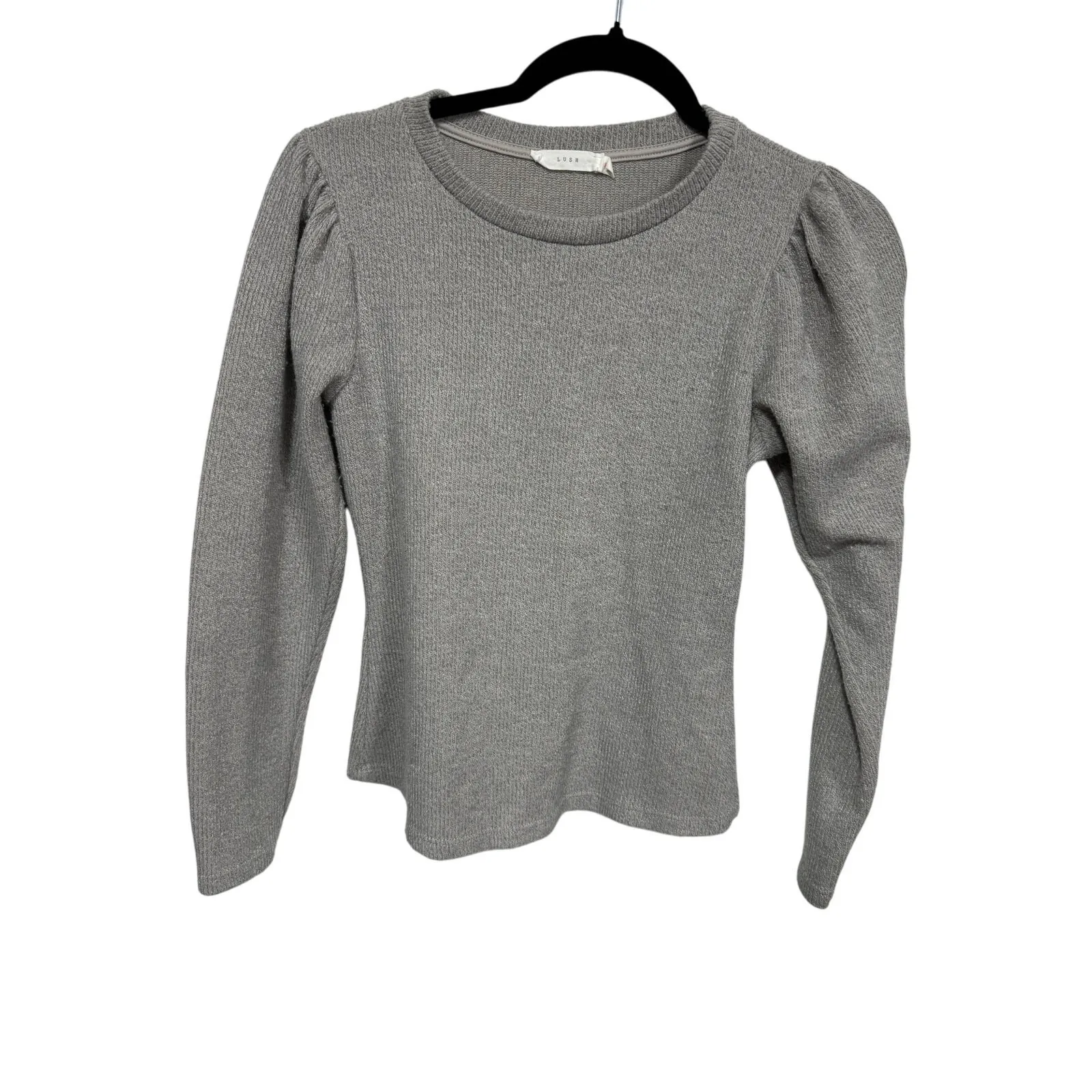 LUSH Gray Ribbed Knit Puff Sleeve Crew‎ Neck Top Women's Size S - Image 5
