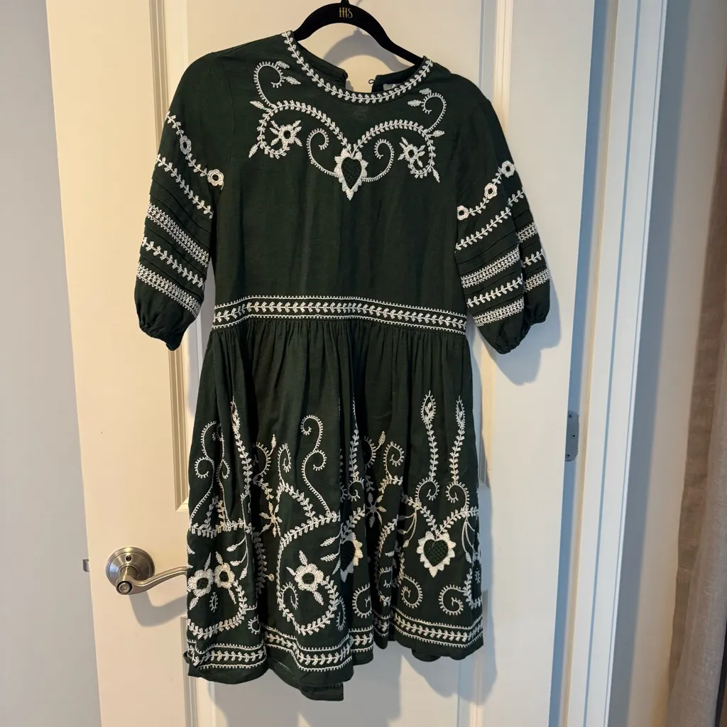 THE GREAT. Dark Green Mini Dress with White Embroidery - Image 4