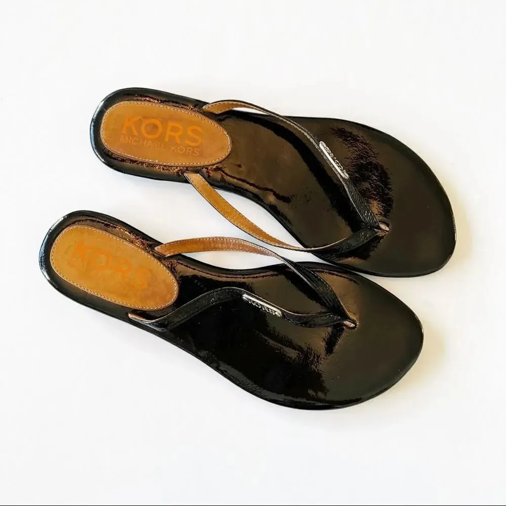 Michael Michael Kors MK Black Patent Sandals Thong Flipflop Size 8? Summer Flats - Image 8