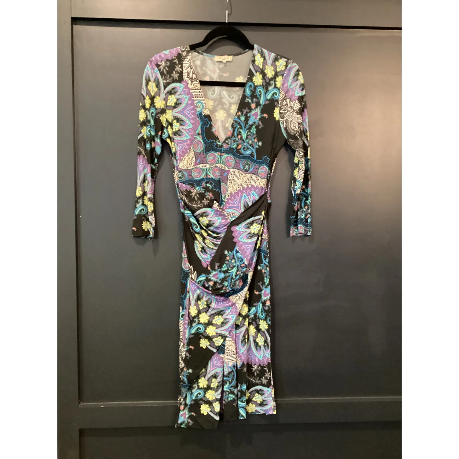 Etro ornament Paisely scarf floral faux wrap 3/4 sleeve midi dress 42 Purple Size undefined - Image 4