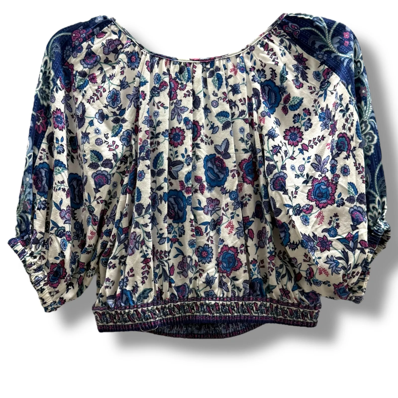 Joie Folk Song Cropped Off Shoulder Floral Top Peasant Boho Purple Blue White S‎ - Image 4
