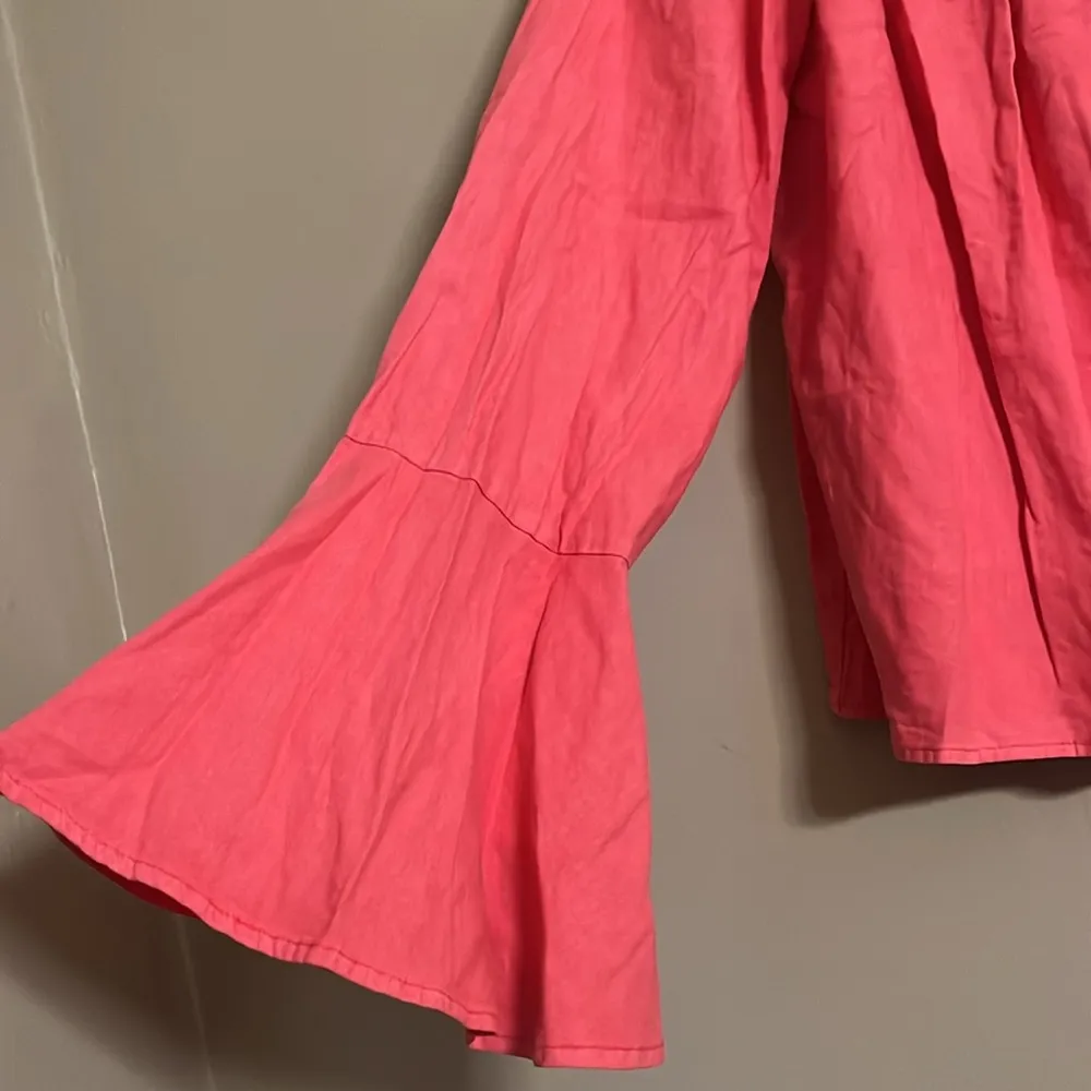 Buffalo David Bitton Blouse Sz XL Off Shoulder Bell Sleeves Linen Coral Cropped - Image 3