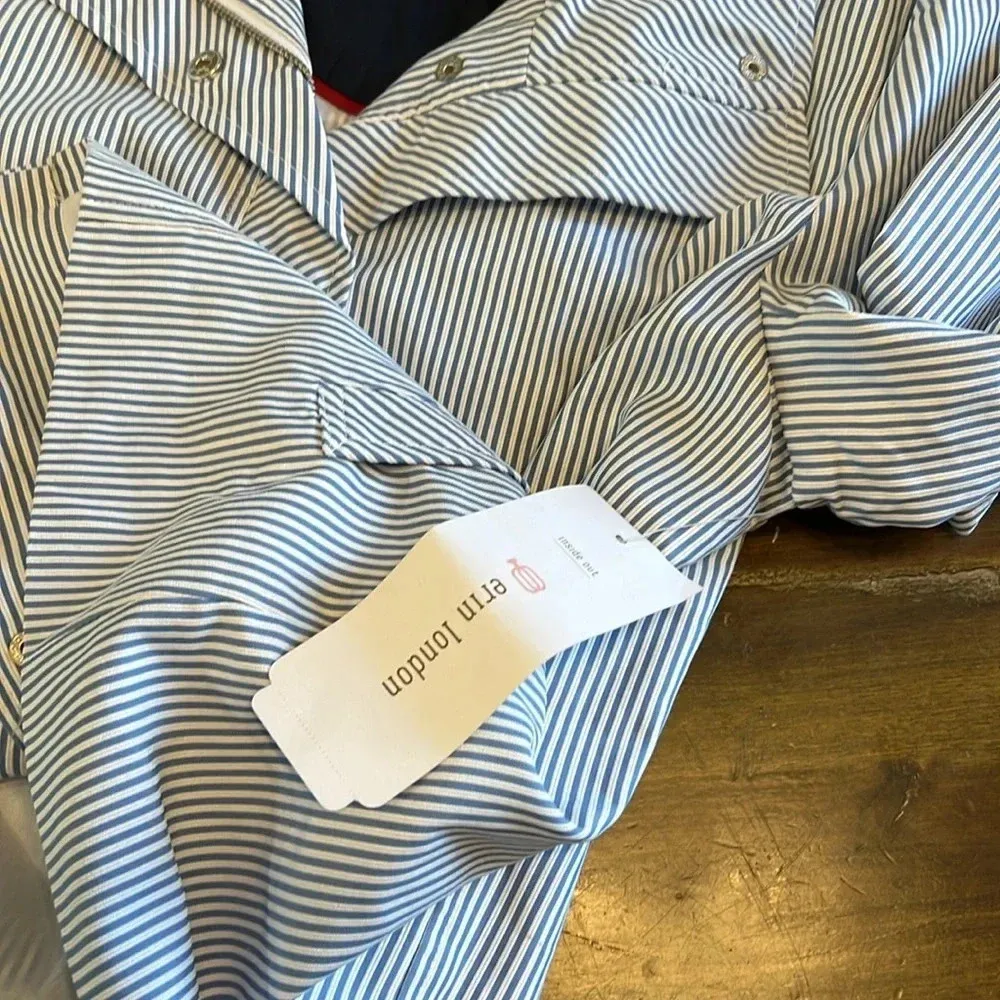 Erin London Striped Lightweight Jacket Coastal Large Zipper 3/4 Sleeve Collared Blue - Image 9