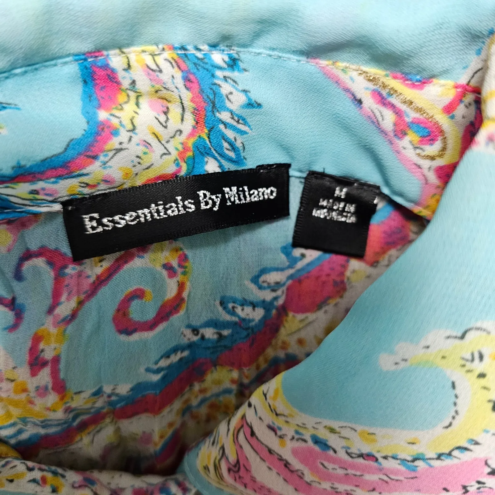 Essentials by Milano Blue Paisley Print Crinkle Button Up Shirt Size M Artisan Size M - Image 6