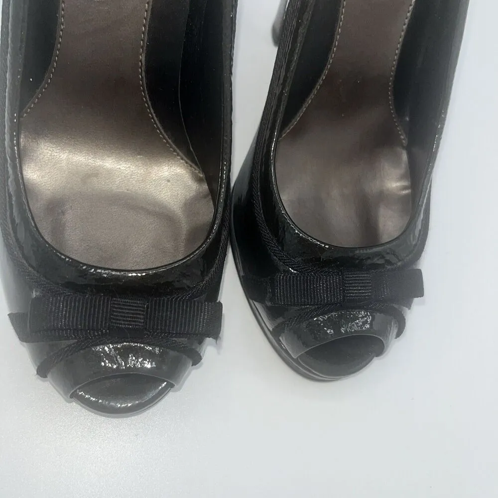 Linea Paolo Size 5 M Black Open Toe Patent Leather Bow Ribbon Accent Peep Toe - Image 3