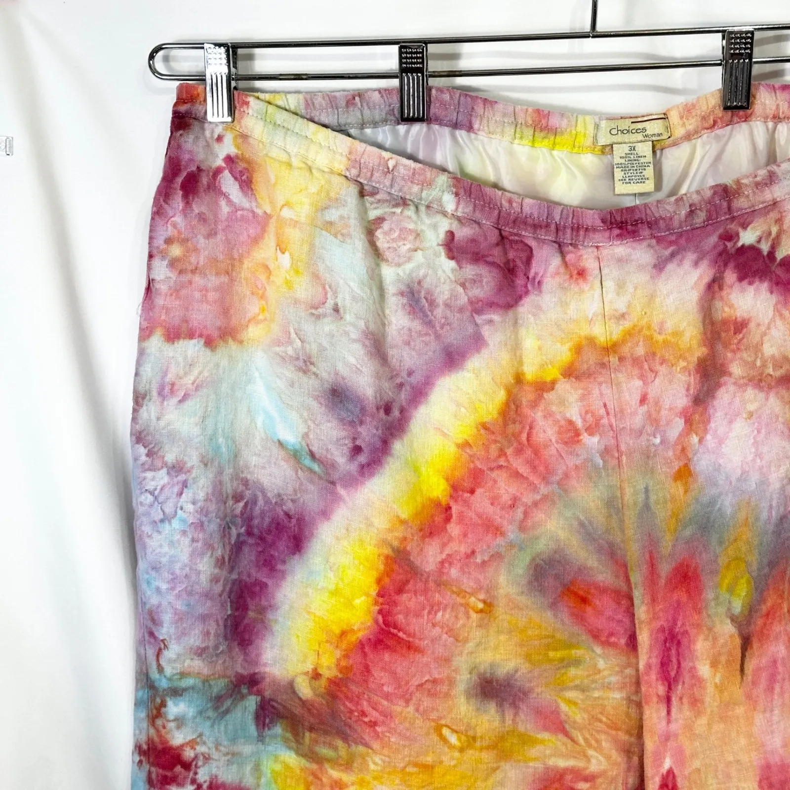 Choices Plus Size 3X Capri Pants Handmade Tie Dye Linen Lined Spiral Hippie 1482 Pink - Image 4