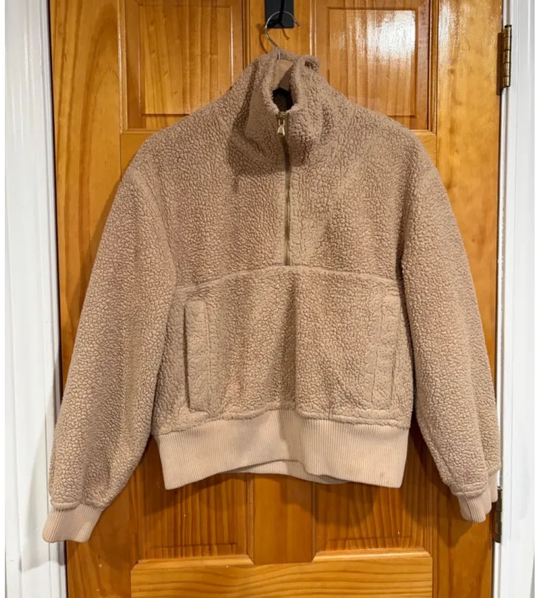 Varley Beige Sherpa Fleece Half Zip Pullover Ribbed Hem Sweatshirt S - Image 1