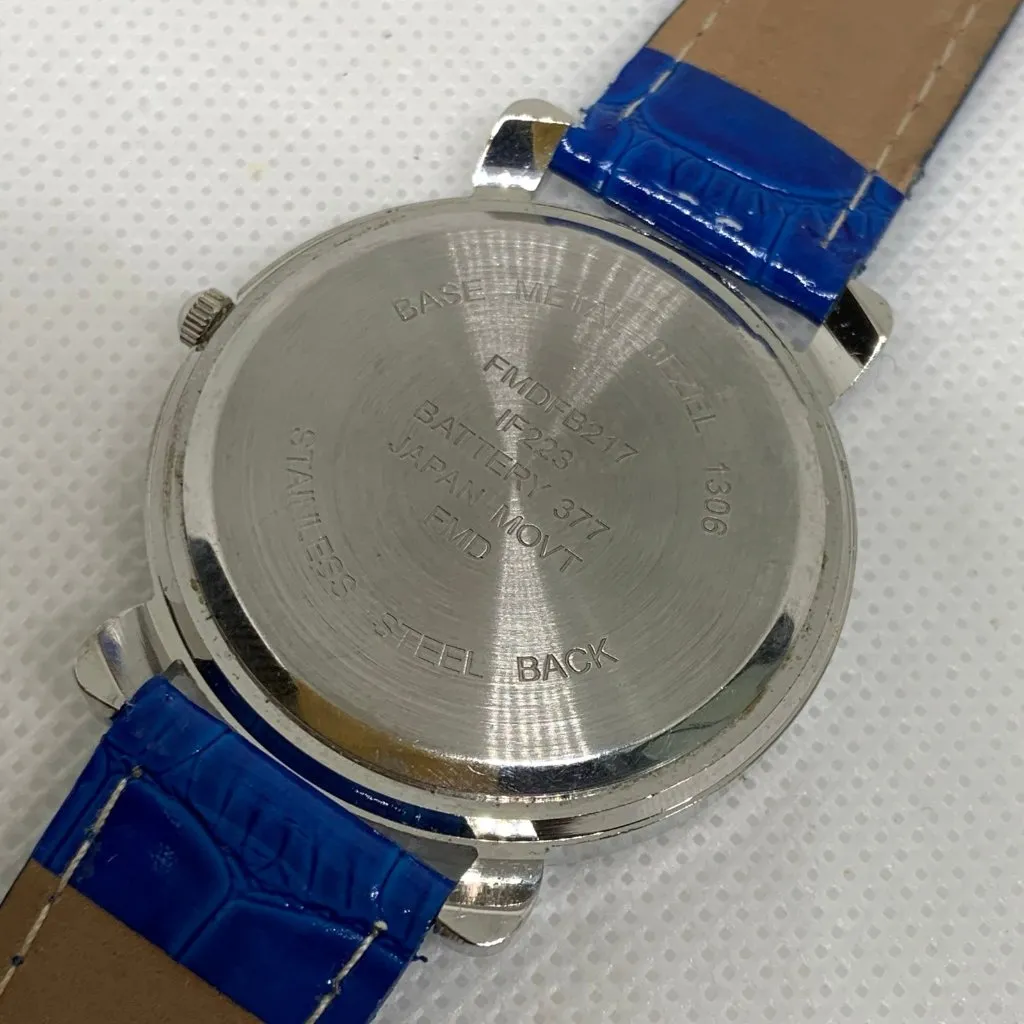 FMD women quartz analog watch silver tone 37mm round blue leather band running - Image 6