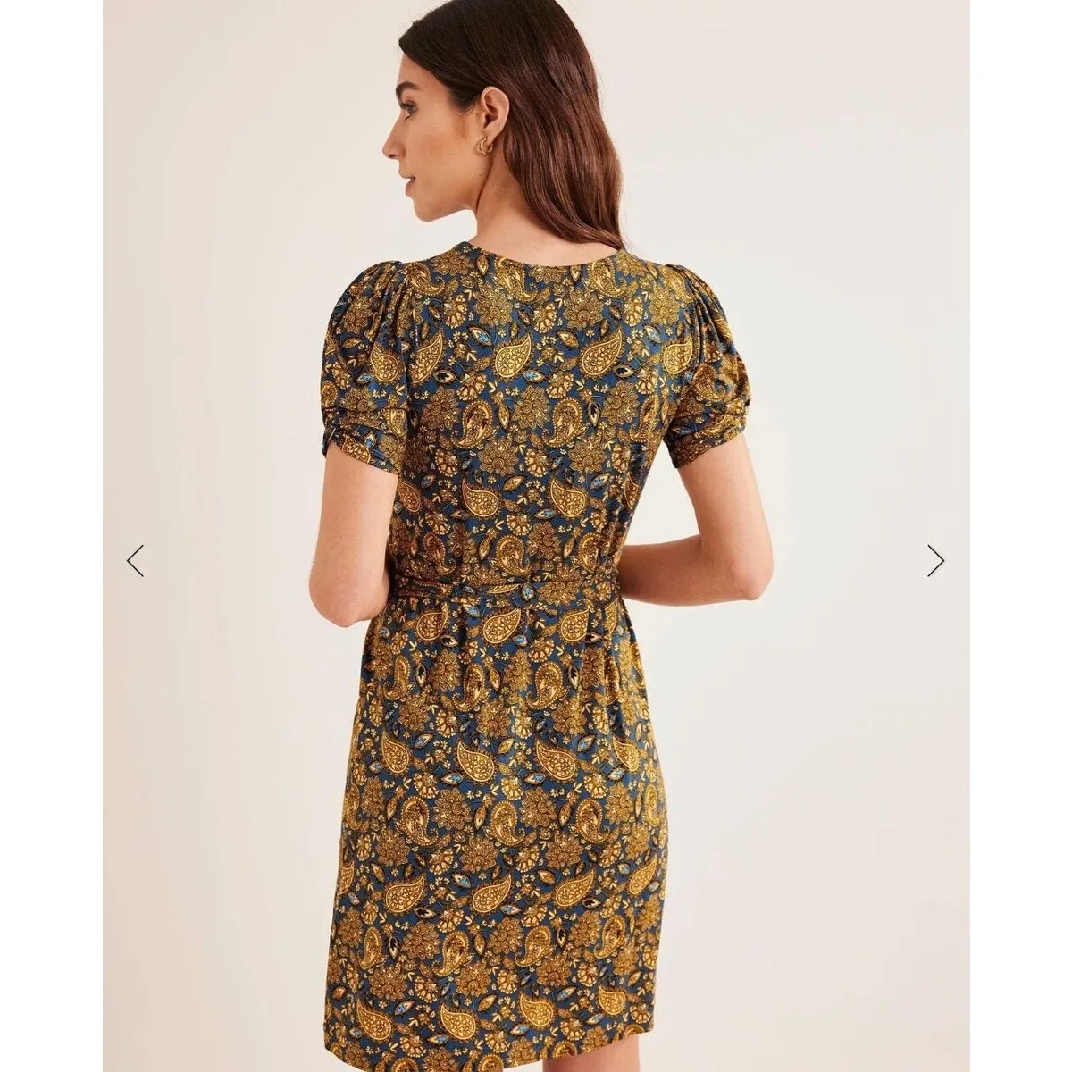 BODEN knot detail jersey dress, self tie belt (detachable), paisley print, A15 Gold Size 14 - Image 2