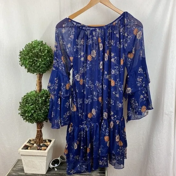 Free People Blue Floral Long Sleeve Semi Sheer Tunic Smock Dress Top XS - Image 4