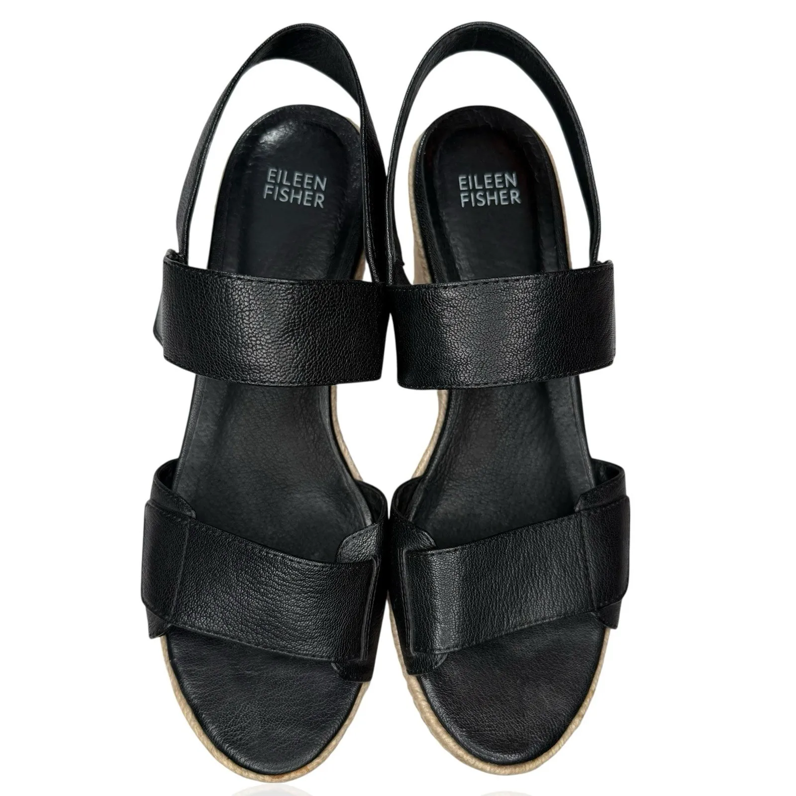 NEW Eileen‎ Fisher 8.5 Winnie Tumbled Black Leather Espadrille Wedge Sandals - Image 12