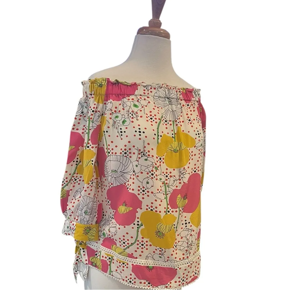 Trina Turk 100% Silk Off The Shoulder Floral 3/4 Length Sleeve Blouse Small - Image 7