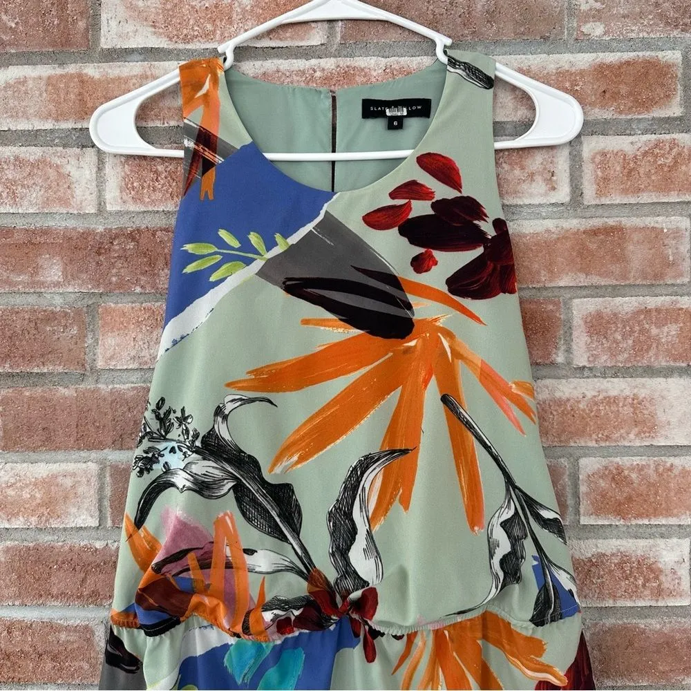 Slate & Willow Floral Sleeveless Midi Dress Green Women’s 6 Garden Party Belted - Image 3