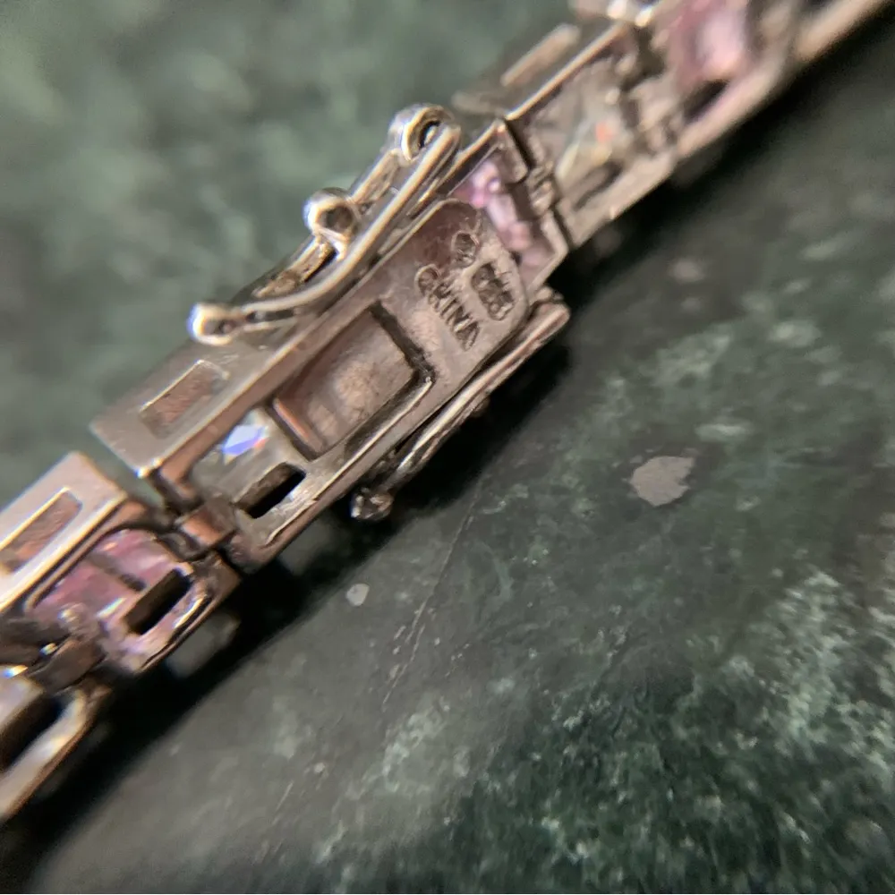 Sterling Silver Pink Clear Princess Cut Cubic Zirconia Tennis Bracelet 7.5" - Image 5