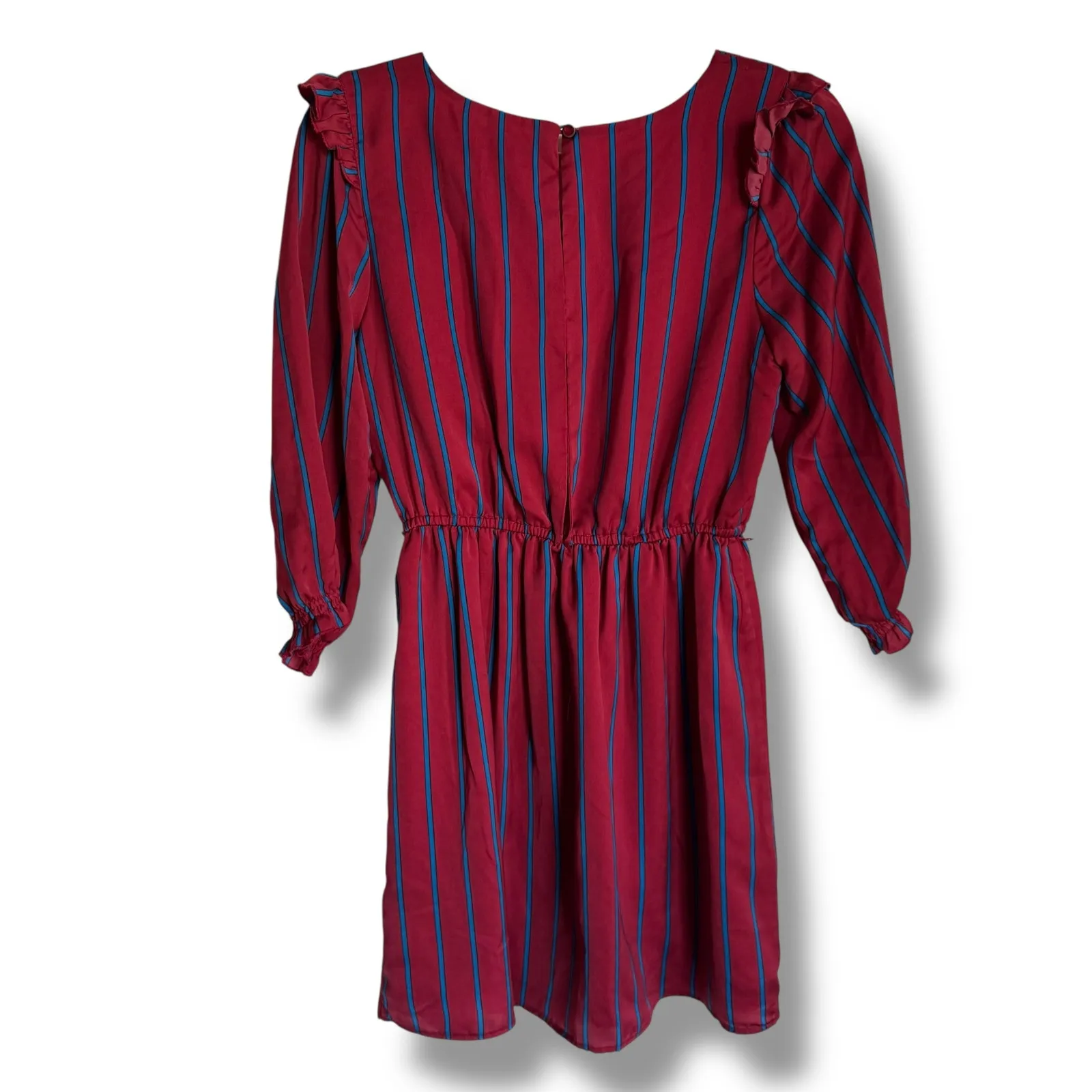Forever 21 Vintage‎ Look Burgundy Blue Striped Ruffle Dress Size M - Image 4