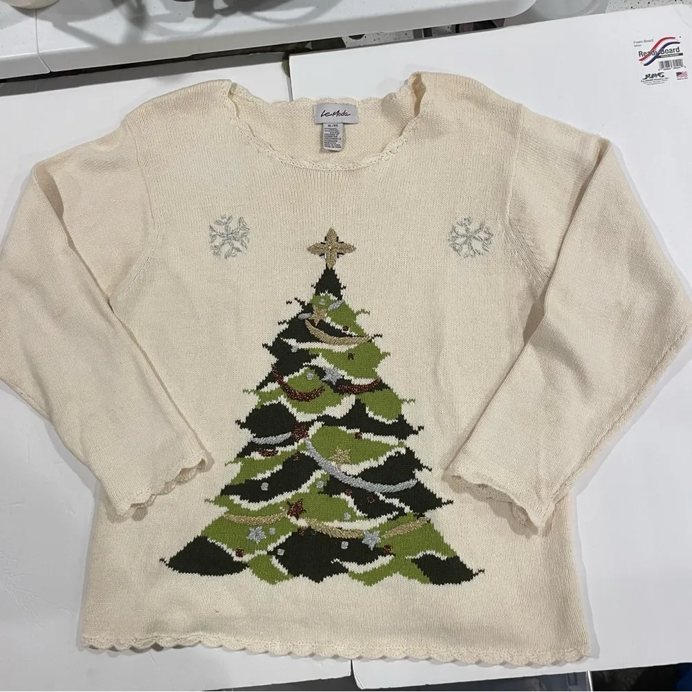 Vintage cream Christmas tree Grannycore coastal grandma scallop neck sweater 🎄 Green Size XL - Image 8