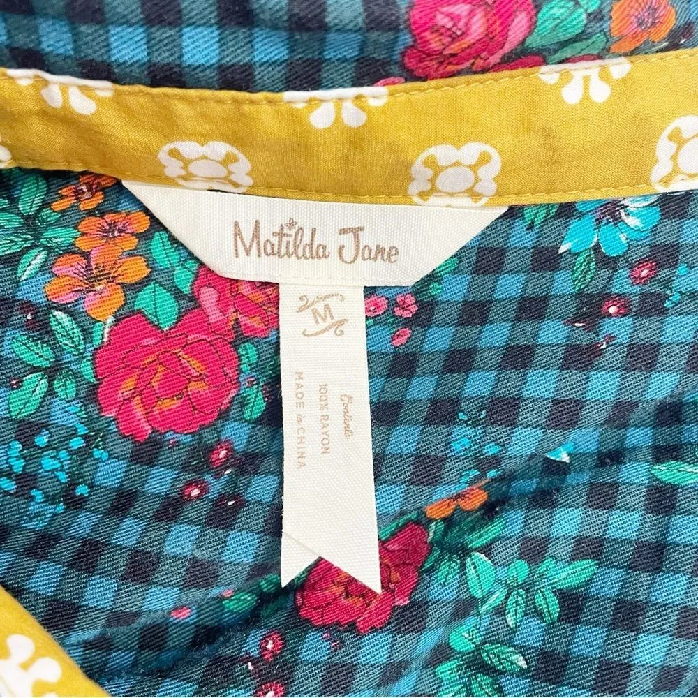 Matilda Jane Fa La La Teal Gingham Red Yellow Floral Shirt Dress Size Medium - Image 7