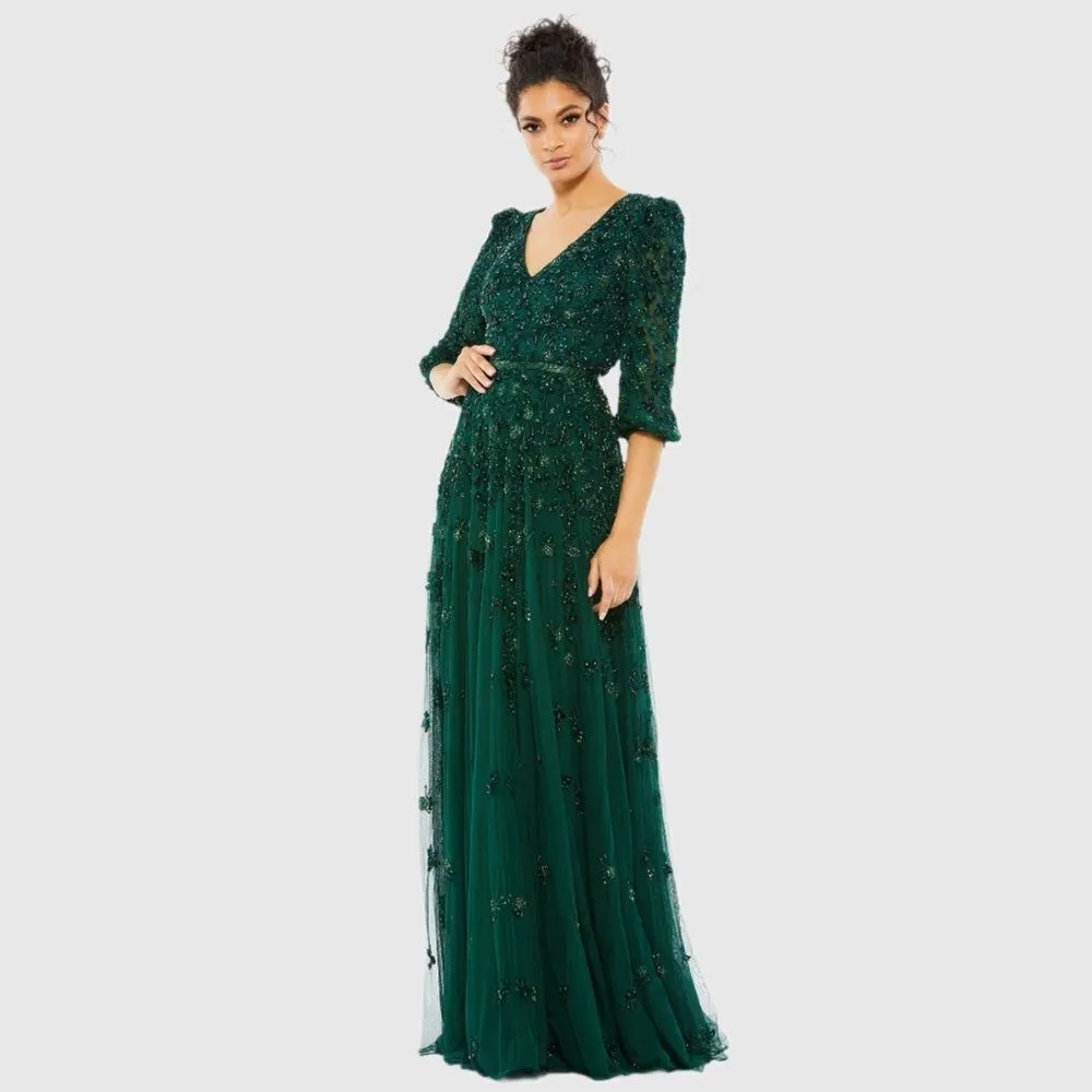 Mac Duggal 5497  Womens Green Embellished V Neck 3/4 Sleeve A Line Gown Regular - Image 3