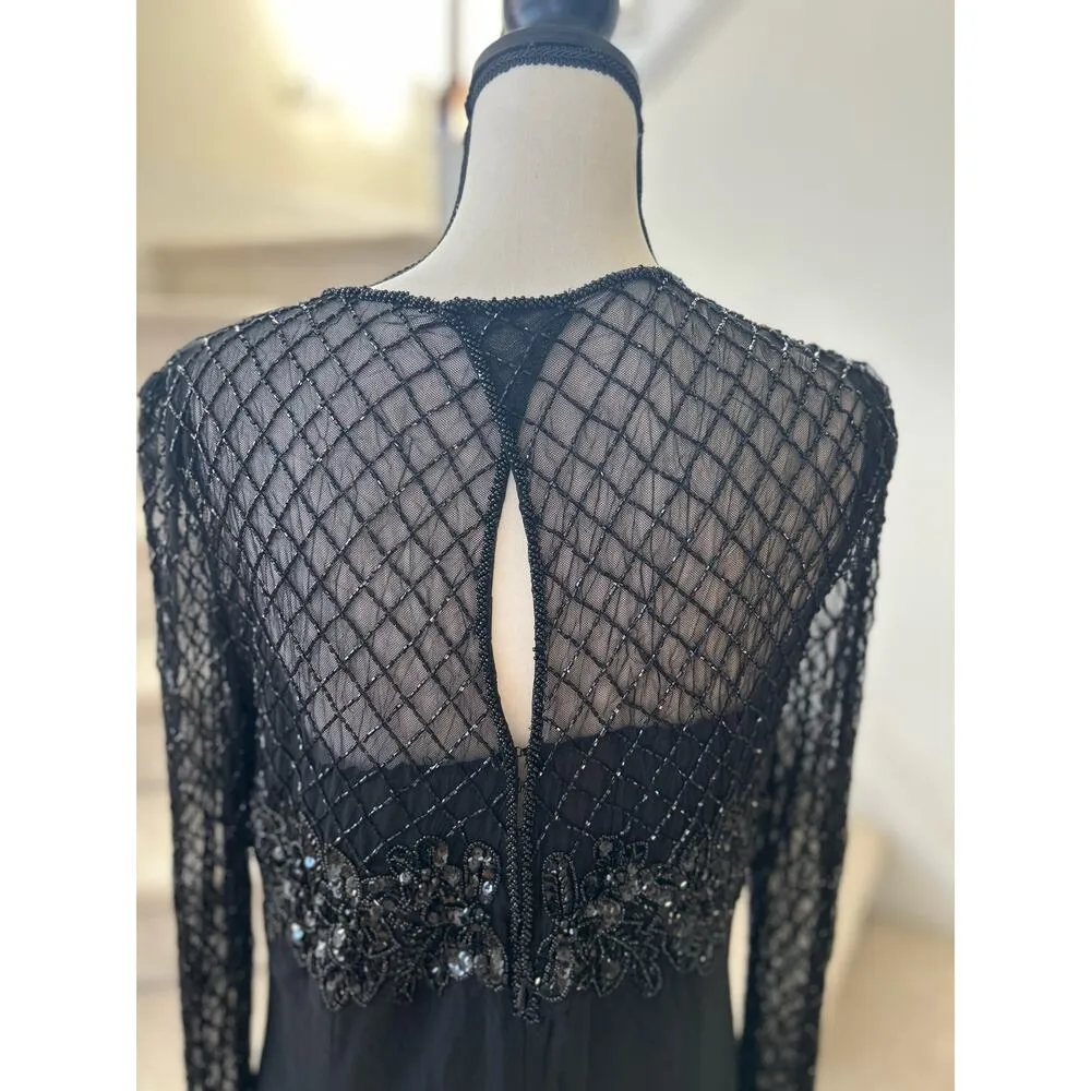 Vintage Jovani Black Silk Beaded Floral Illusion Full Length Maxi Gown - Image 9